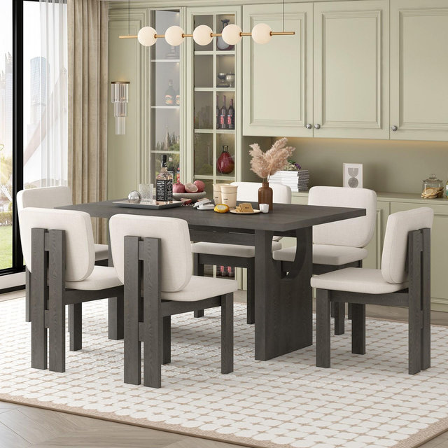 7-Piece Retro Dining Set, 1 Rectangular Table with Designed Trestle Base and 6 Upholstered Chairs, Gray - ModernLuxe