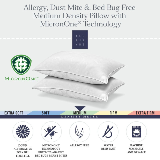 Ella Jayne MicronOne Dust Mite, Bedbug, Allergen-Free Down Alternative Pillow, Medium Density, for All Sleep Positions, Set of 2 - King