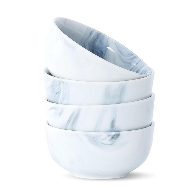 bestone 22 OZ Cereal Bowls Set of 4, 5.5 Inch Bowls Set of 4, Porcelain Round Cereal Bowl, Oatmeal Bowl, Fruit Bowl, Salad Bowl, Rice Bowl, Dishwasher, Microwave, Freezer, Oven Safe, Marble Blue