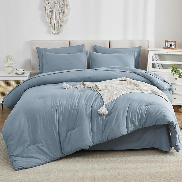 Litanika Comforter King Size Set Grayish Blue - 7 Pieces Bed in a Bag King Beddding Comforter Sets, Plain Lightweight Bed Set with Comforter, Sheets, Pillowcases & Shams