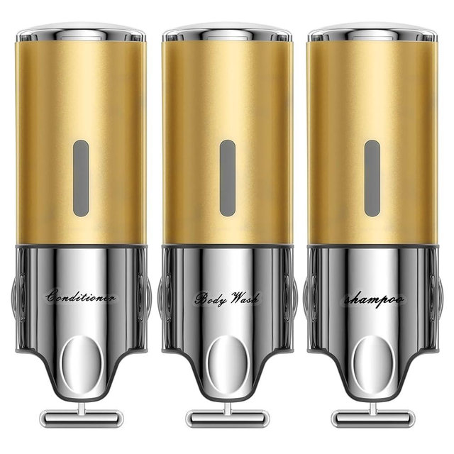 Shampoo and Conditioner Dispenser,Dispensers for The Shower,Shower Soap Dispenser 3 Chamber No Drill,Shampoo Conditioner Body Wash Dispenser Wall Mount for Bathroom(Triple x 17.6 oz,Golden)