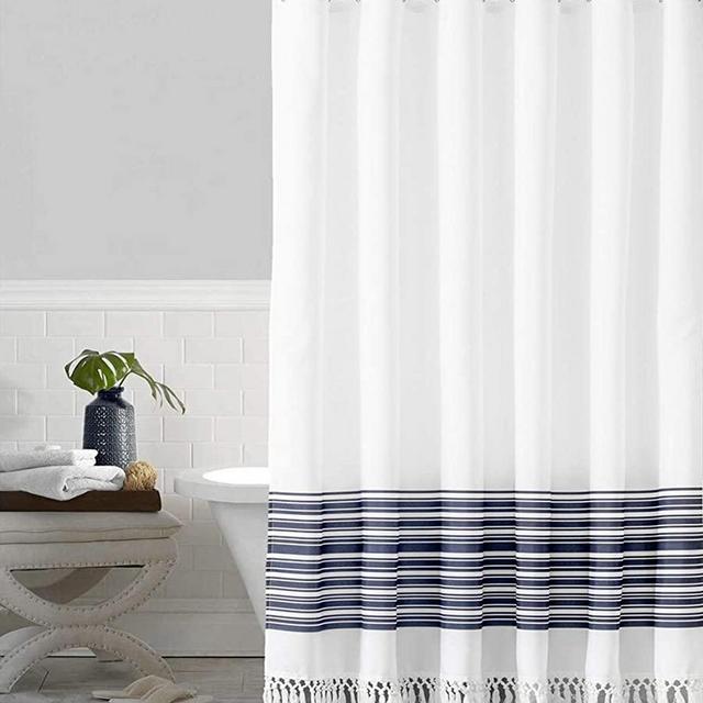 Felisa Fabric Shower Curtain with Double Knot Fringe, Farmhouse Boho Blue White Stripe Shower Curtain for Bathroom,Machine Washable,72"x72"