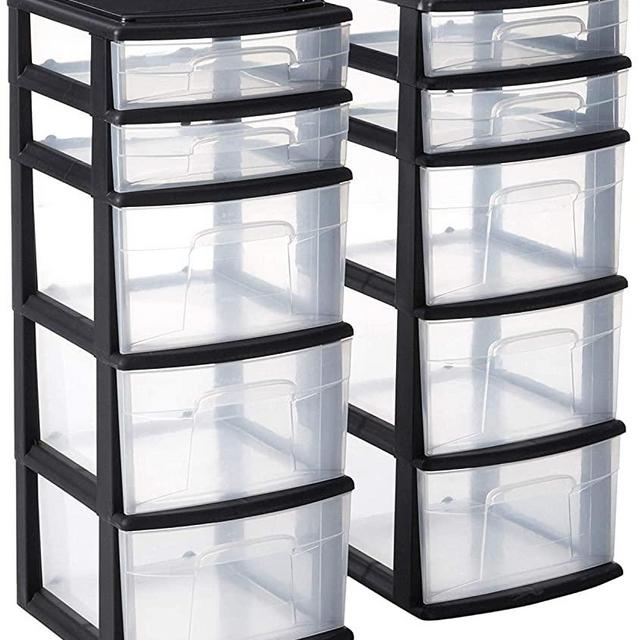 HOMZ 05565BKDC.02 Plastic 5 Drawer Medium Storage Tower, Black Frame, Clear Drawers, Set of 2