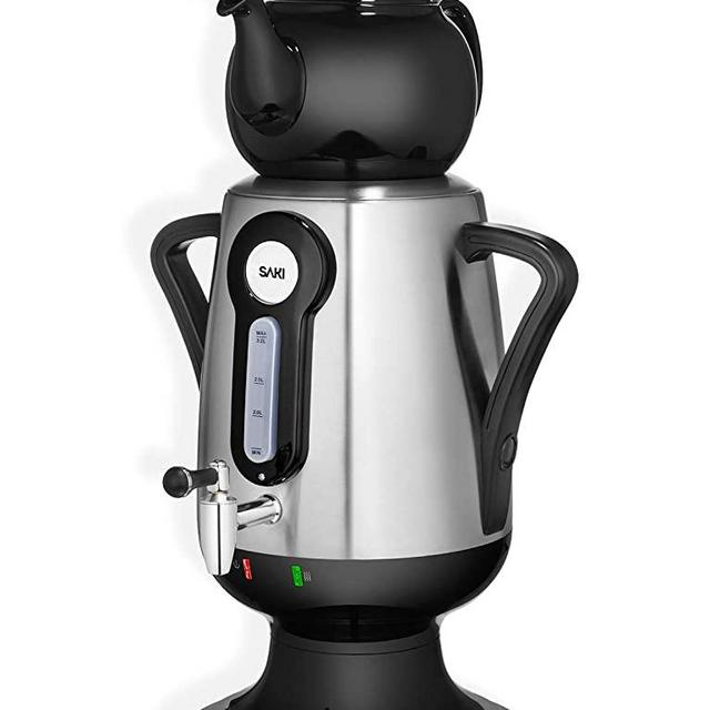 SAKI Electric Samovar - 110 V, 3.2 L Stainless Steel Tea Maker with Porcelain Teapot, Keep Warm Mode, Persian Samovar, Turkish Samovar, Russian Samovar - to Brew Tasty Tea