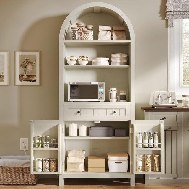 YITAHOME 73" Arched Kitchen Pantry Storage Cabinet with Charging Station and Tabletop, Farmhouse Versatile Cupboard with Drawer, Shelves, and Extra Door Racks for Kitchen, Dining Room, Retro White