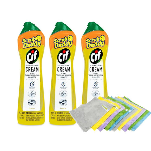 Scrub Daddy + Cif Bundle - Includes 3 Cif Cream All Purpose Cleaner, Lemon Scent 10-Piece Microfiber Towel Set for Gentle Cleaning (4 Count Set)