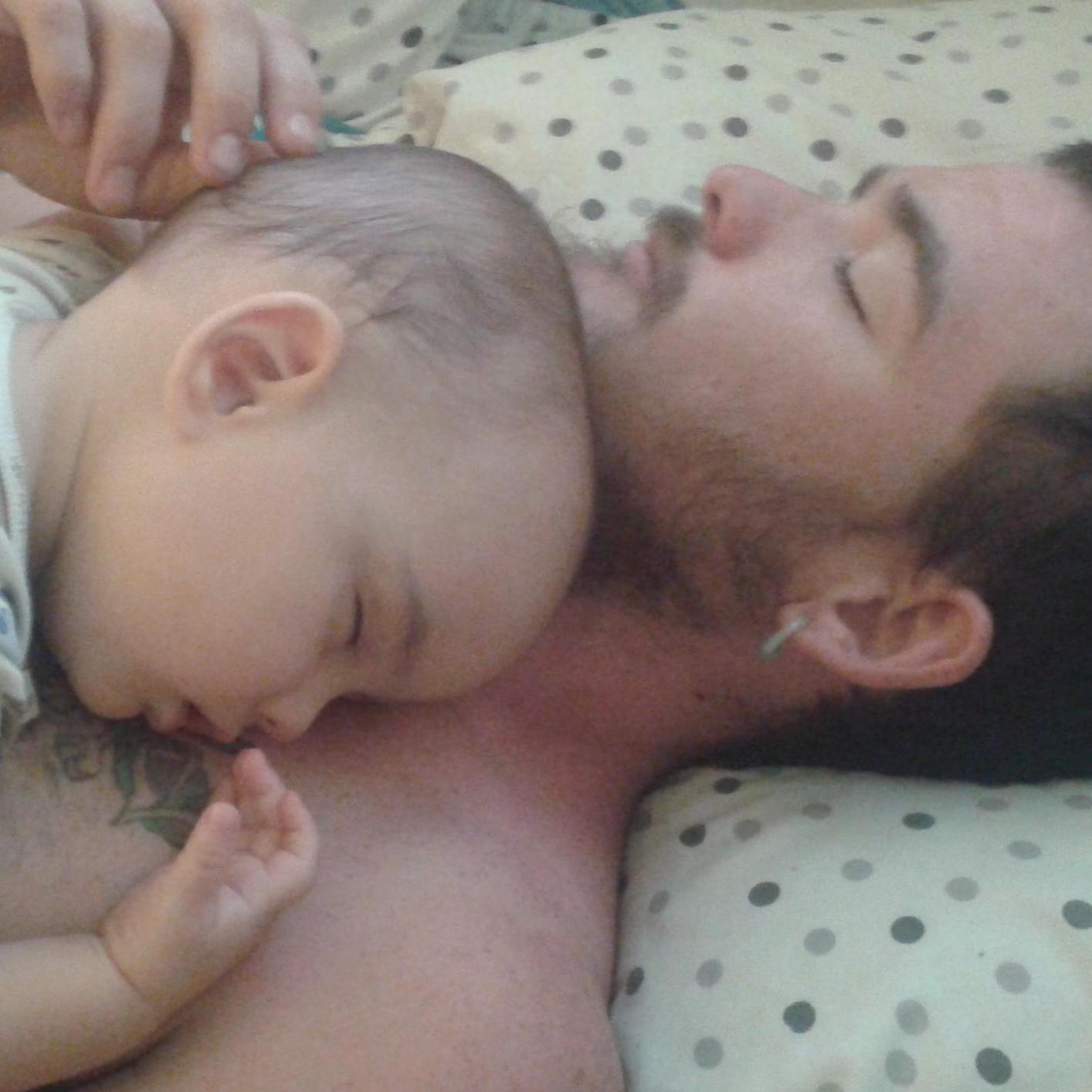 Daddy naps are the best naps. Tyler and Orion catching an afternoon nap.
