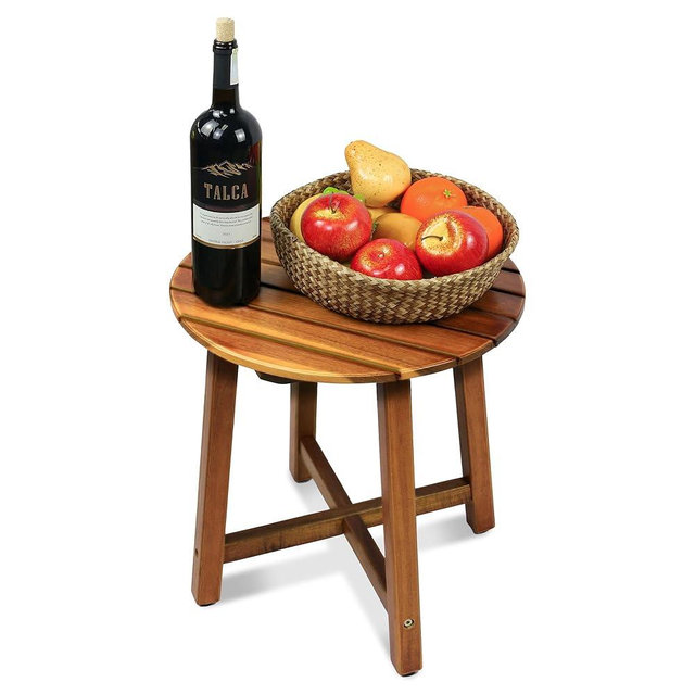 ENKEZI Acacia Adirondack Indoor Outdoor Side Table, Sturdy Patio End Table Weather Resistant, Strong Stability Outdoor Table for Bancony, Patio, Pool, Porch, Living Room (Small Round 16 in)