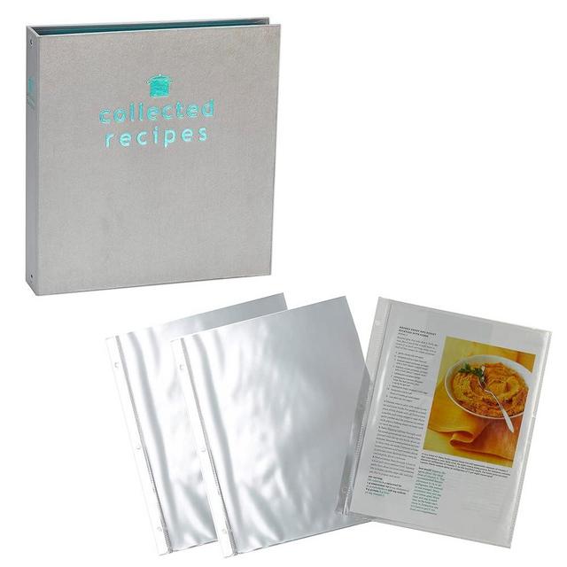 Turquoise/Gray Recipe Binder Organizer and Full Size Recipe Page Protectors Bundle