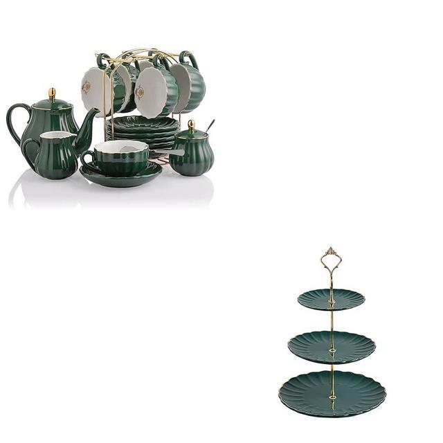 Sweejar Porcelain Tea Sets British Royal Series and 3 Tier Ceramic Cake Stand(Jade)