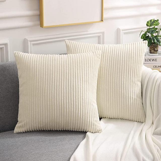Mecatny Corduroy Decorative Throw Pillow Covers 18x18 Set of 2 for Sofa Bedroom Living Room, Stylish Soft Striped Couch Pillow Covers for Home Decor, Cream White