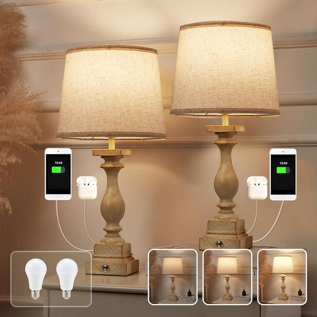(Set of 2)Bed-Side Table Lamps with USB Ports,Modern Touch Lamps for Nightstand [Dual Charging Stations],End Table Lamps with 3- Way Dimmable,Tall Table Lamps for Living Room/Bedroom,Bonus 2 Bulbs