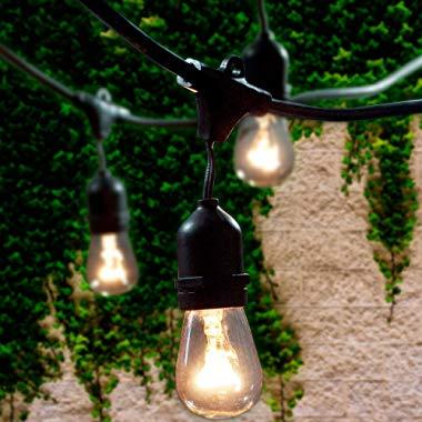 Lemontec Commercial Grade Outdoor String Lights with 15 Hanging Sockets - 48 Ft Black Weatherproof Cord Weatherproof Strand for Patio Garden Porch Backyard Party Deck Yard – S14 Black