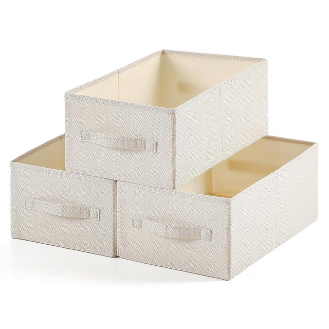 Linen Folding Storage Bins, 3 Pack Large Storage Baskets, Washable, Clothing Storage Bins with Handle, Closet Organizer for Storage Sweater,Sheets (Beige, 16"x9½"x6¾")