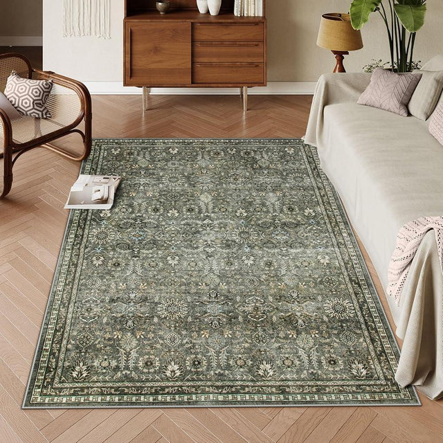 Lahome 5x7 Boho Bedroom Area Rug, Soft Green Rugs for Living Room, Washable Non Shedding Rug for Home Decor, Vintage Disdressed Floor Carpets for Dining Room, Dark Olive Green
