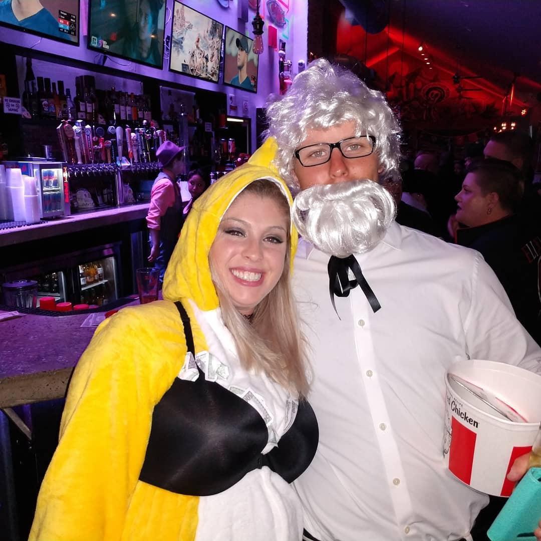 We won the Halloween costume contest! 
Colonel Sanders & a chicken strip
