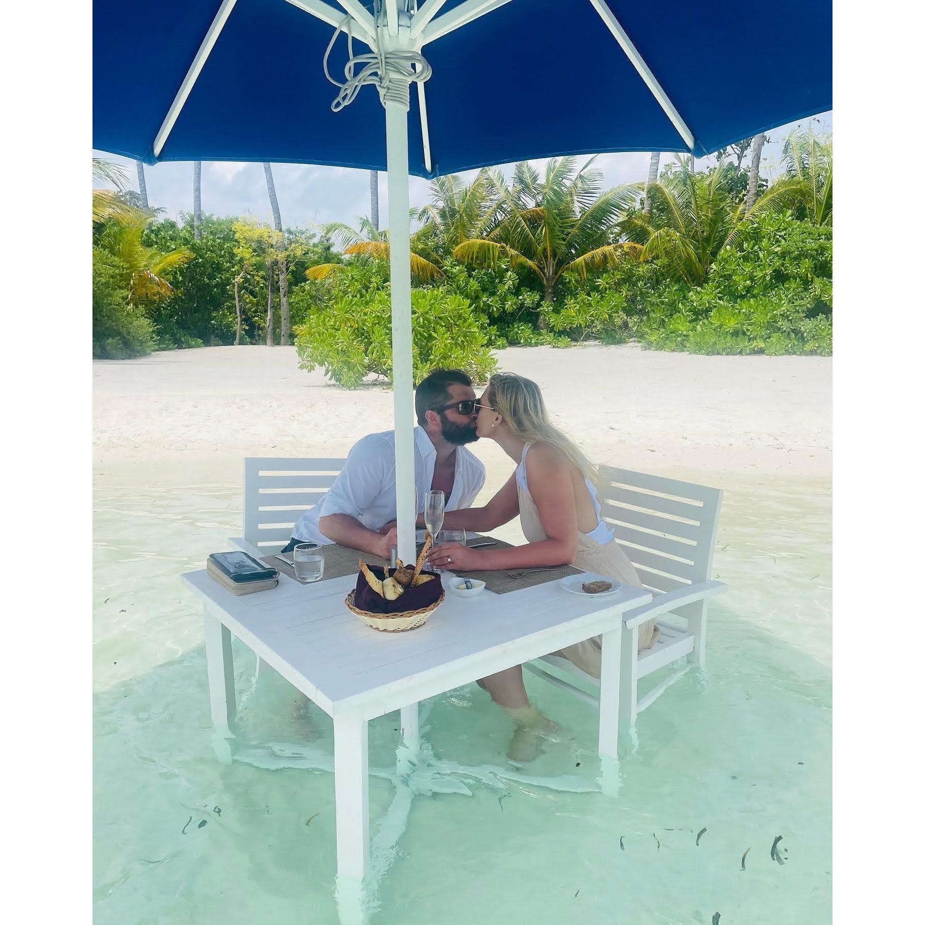 Celebrating our engagement with lunch in the lagoon