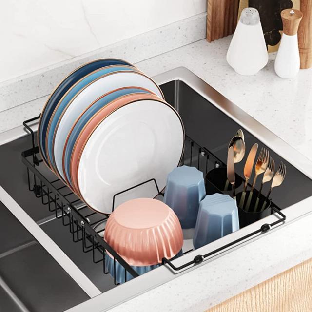 iSPECLE Sink Dish Drying Rack - Over Sink Dish Rack, in Sink or on Counter Dish Drainer, Sink Drying Rack with Removable Cutlery Holder Large Capacity, Black