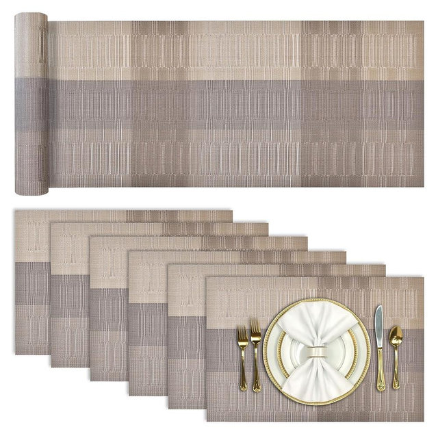 Aofmee Table Runner and Placemats Set of 6 Washable, Heat Resistant Place Mats with Table Runner, Woven Vinyl Table Placemats for Dining Table, Stain Resistant Kitchen Table Mats Sets, Easy to Clean