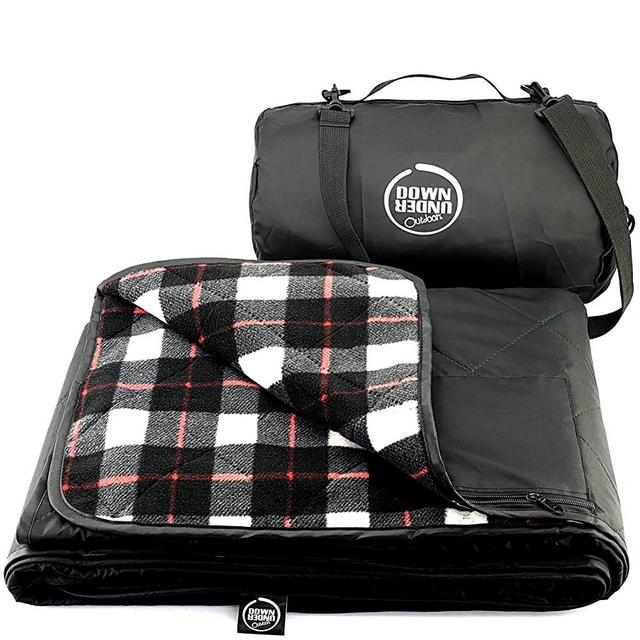 DOWN UNDER OUTDOORS Large Waterproof Windproof Extra Thick Quilted Fleece Stadium Blanket, Machine Washable Camping Picnic & Outdoor, Beach, Dog, 82 x 55 (red/blue/green/black) Festival Baseball Folding Rug