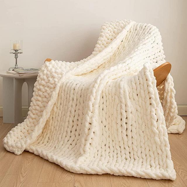 Chunky Knit Blanket Cozy Chenille Throws - 51"x63" -Warm Soft Handmade Knitted Throw Blankets for Couch,Bed,Sofa,Chair,Boho Home Decor(Creamy White)