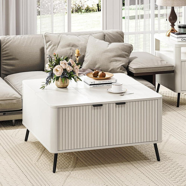 Fatmok Lift Top Coffee Table, 35.4" Square Storage Coffee Table, Modern Fluted Center Table with Large Hidden Storage Compartment for Living Room, Office, Rustic Coffee Table with Hinged Lift Top