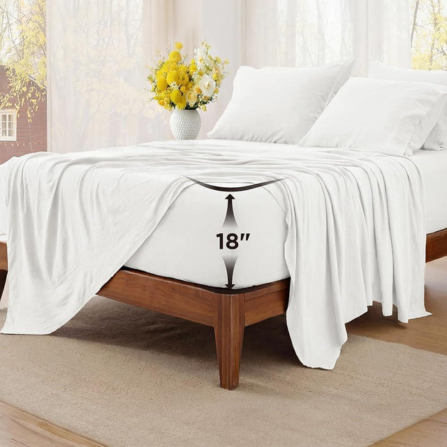 Bedsure Deep Pocket Queen Sheets - 6 Piece, Prewashed Ultra-Soft Queen Sheet Set, Fits Mattresses Up to 18 Inches Thick, Breathable & Secure Fit, Hotel Luxury Bedding, White