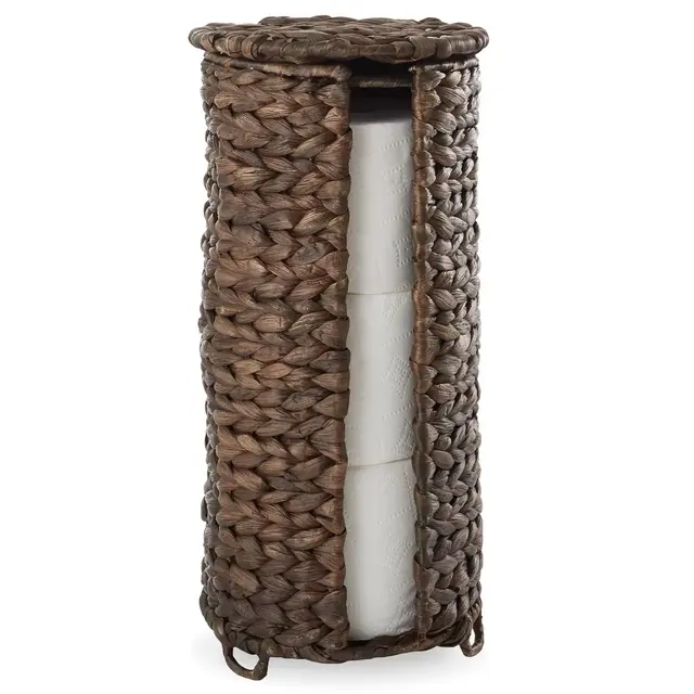 Casafield Toilet Paper Roll Holder with Lid - Espresso, Fits 3 Rolls, Free Standing Water Hyacinth Bath Tissue Storage Organizer for Bathroom