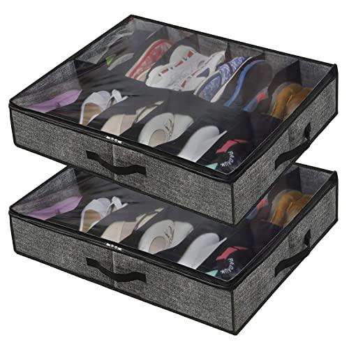 Onlyeasy Sturdy Under Bed Shoe Storage Organizer Set of 2, Fits 24 Pairs Total, Underbed Shoes Closet Storage Solution with Clear Window, Breathable, 29.3"x23.6"x5.9", Linen-Like Black, MXAUBSB2P
