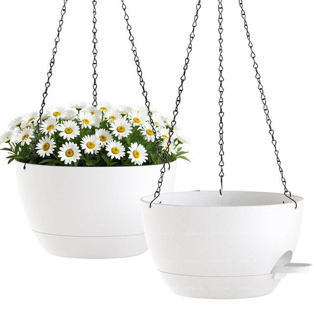 zople 10 Inch Hanging Planters with Chains 2 Pack Self Watering White Plastic Hanging Pots for Indoor Outdoor Plants, Garden Porch Home Decor (White)