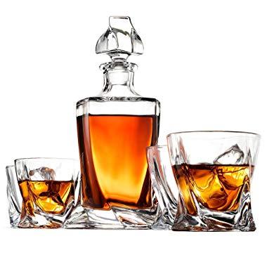 5-Piece European Style Whiskey Decanter and Glass Set - With Magnetic Gift Box - Exquisite Quadro Design Liquor Decanter & 4 Whiskey Glasses - Perfect Whiskey Decanter Set for Scotch Alcohol Bourbon.