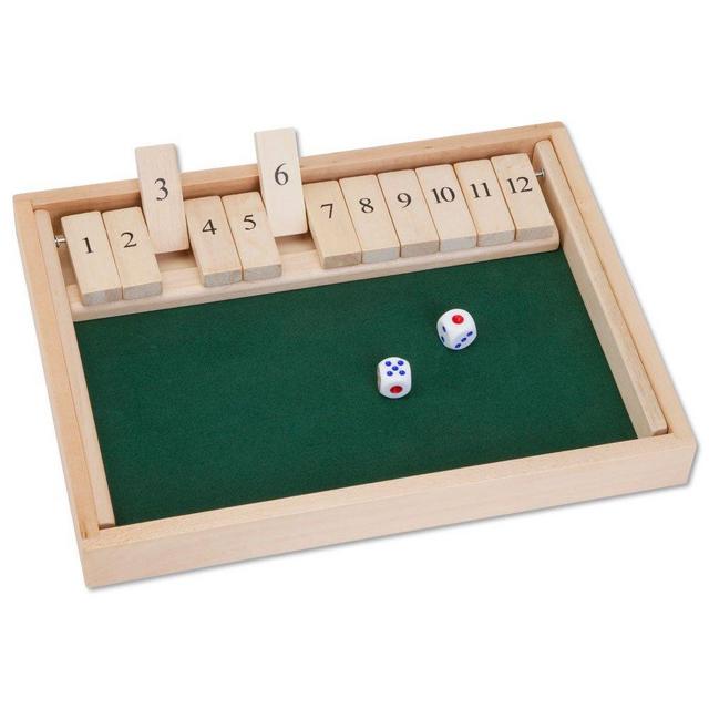 Bits and Pieces - Wooden Shut The Box 12 Dice Game Board - Classic Tabletop Version of The Popular English Pub Game - Measures 7-3/4" x 14" x 1-1/4" Includes 2 dice and Instructions