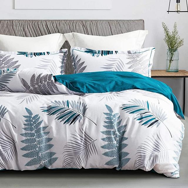 SLEEPBELLA Queen Size Comforter Set White Leaf Floral Pattern & Teal Reversible Design 600 Thread Count Cotton Fabric, Ultra Soft Microfiber Inner Fill 3Pcs Bedding Set