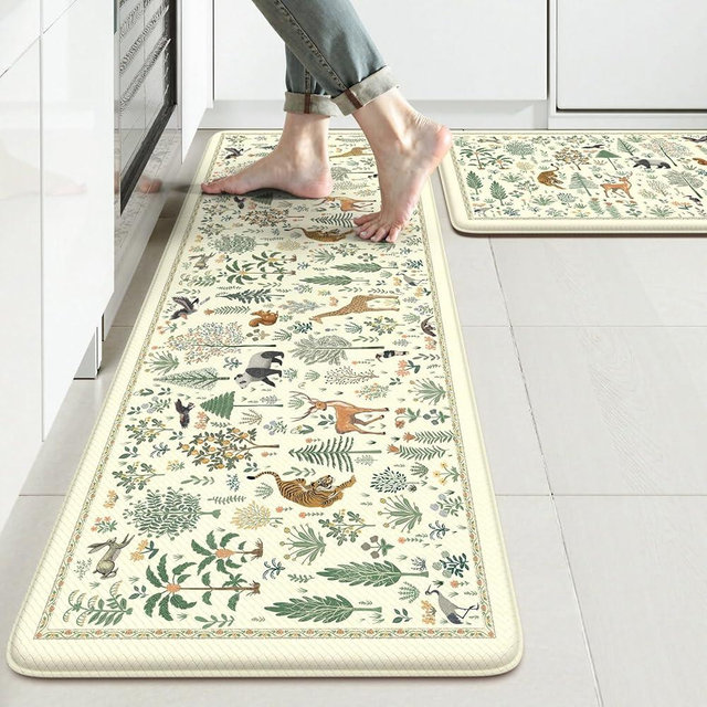 KIMODE Anti Fatigue Kitchen Mats for Floor Non Slip,Farmhouse Animal Forest Kitchen Rugs Sets of 2 Non Slip,Memory Foam Padded Kitchen Standing Floor Mat for Laundry Sink Office,Beige