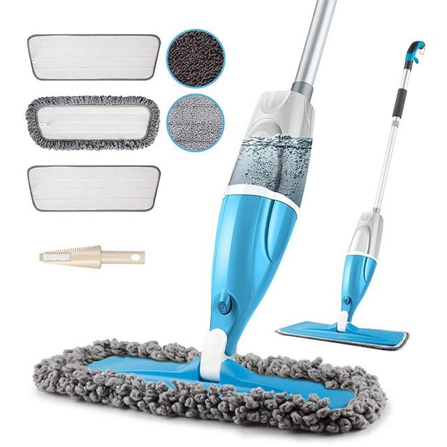 Microfiber Spray Floor Mops for Floors Cleaning,POPTEN 360 Degree Cleaning Mop with 640ML Refillable Bottle, 3 Reusable Mop Pads and 1 Scraper Dust Mop Wet Mop for Laminate Floors,Hardwood,Ceramic,Vinyl Plan,Tile,Wood Flooring-Blue & Grey