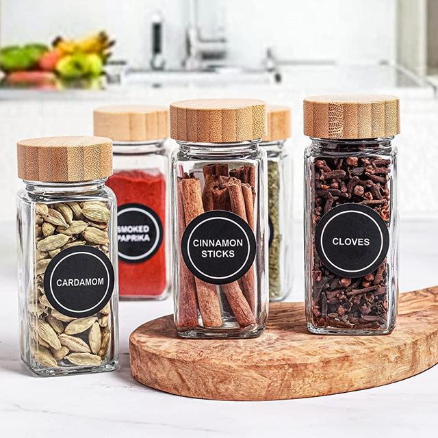 Set of 24 Glass Spice Jars with Various Labels, Bamboo Shaker Lids &  Funnel, Kitchen Storage Jars with Airtight Lid, Spices & Seasonings Sets