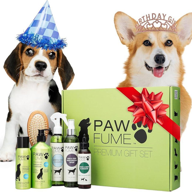 Pawfume Dog Gift Basket, 6-Piece Box – Give Your Pup a Spa-Quality Coat & Odor-Free Freshness – Probiotic Deodorizer Spray, Hypoallergenic Grooming Mist & Premium Brush – Dog Gift Boxes for All Breeds