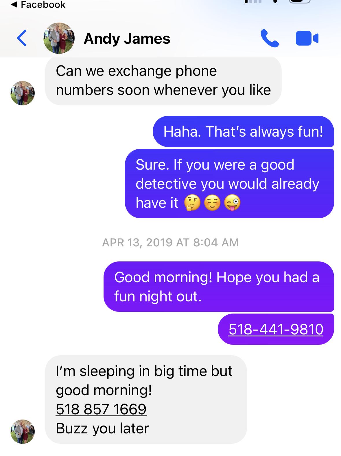 Finally the phone number exchange and confirmation that Amanda is the morning person.