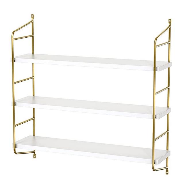 White Floating Shelves Wall Mounted, Large Golden and White Shelves for Wall, Wood Storage Shelf for Living Room, Bedroom, Bathroom, Kitchen, Office by Amada