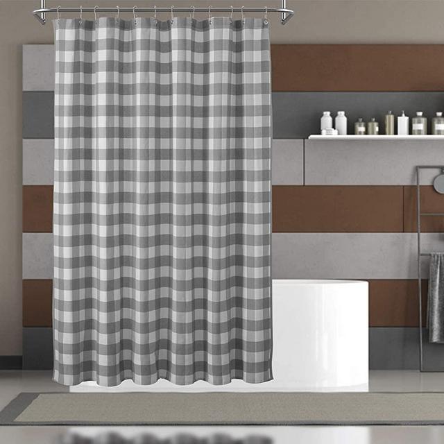 Barossa Design Buffalo Check Shower Curtain: Cotton Blend Plaid Woven Texture & Machine Washable, Water-Repellent, Rustic Farmhouse Style for Bathroom - Gray and White, 72x72 Inch