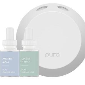 Pura - Smart Home Fragrance Device Starter Set - Pura 4 - Scent Diffuser for Home - Includes Fragrance Aroma Diffuser - Square Box, Pacific Aqua and Linens & Surf Scent Refills