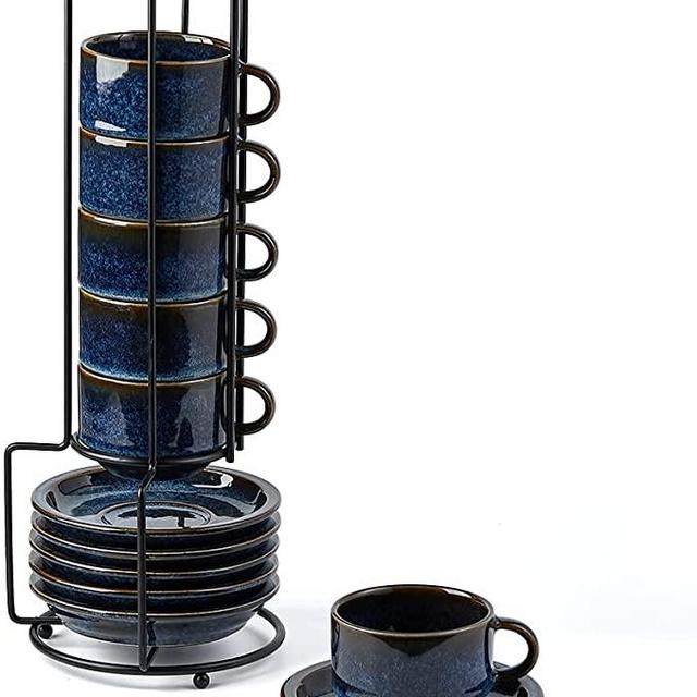 JIEMEI HOME Porcelain Stackable Espresso Cups with Saucers and Metal Stand,4 Ounce Demitasse Cups for Specialty Coffee Drinks,Latte,Cafe Mocha Tea-Set of 6,Stackable Espresso Mugs,Reactive Glaze,Bule