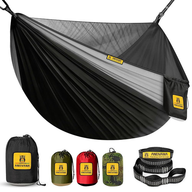 Camping Hammock with Mosquito Net, 500 lbs Portable Hammock with Tree Straps, 2-in-1 Double/Single Travel Hammock Tent for Outside/Indoor/Backpacking/Beach - Black & Grey