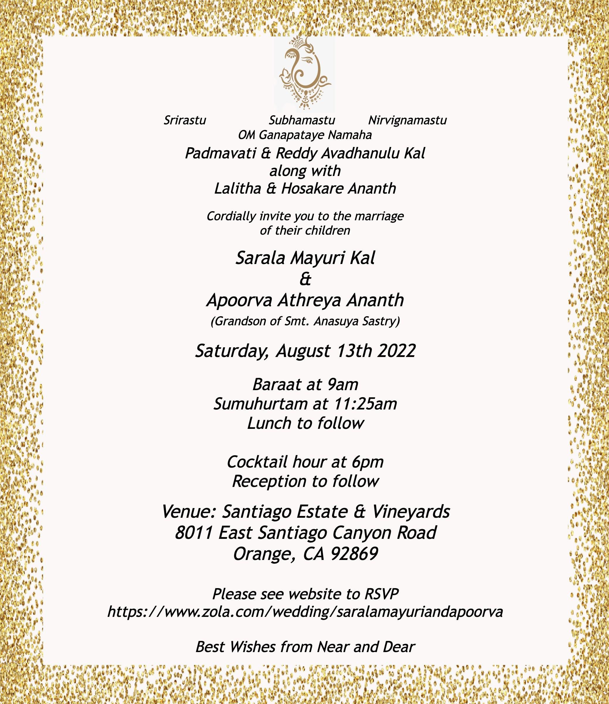 The Wedding Website of Sarala Mayuri Kal and Apoorva Athreya Ananth