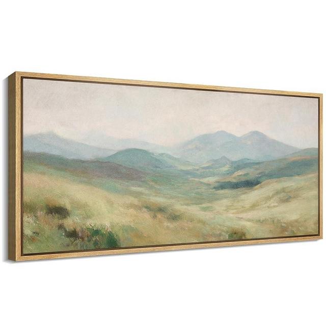 MUDECOR Extra Large Framed Canvas Print Wall Art Soft Pastel Rolling Hills Peaceful Misty Landscape Illustrations Antique Retro Fine Art Illustrations Decorative Colorful for Bedroom - 60"x30"
