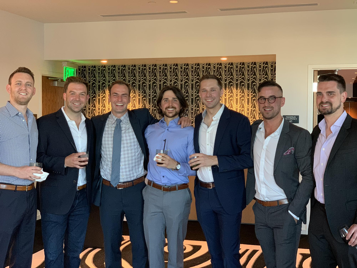 Trevor and his groomsmen (minus 3 of them) at his small engagement party. From left to right: David, Jordan, Wil, Clay, Trevor, Matt and Jasper.