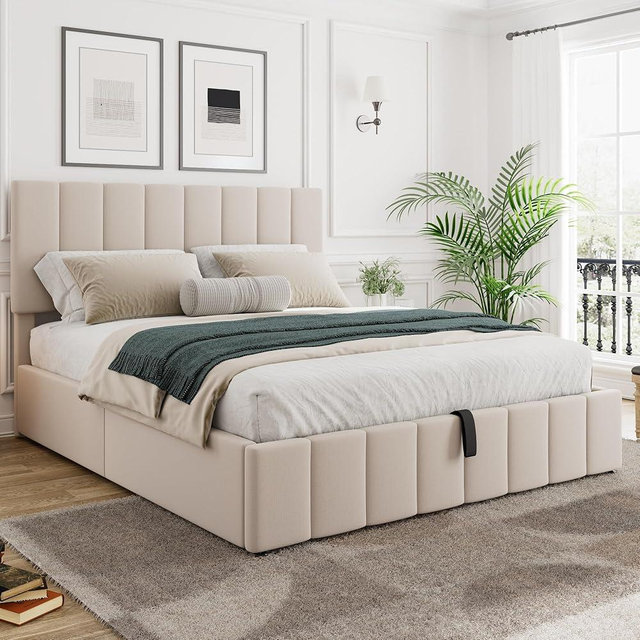Merax Gas Lift Up Storage Platform Bed, Upholstered Bed Frame with Hydraulic Storage System and Wooden Slat Support, Queen Size, Beige