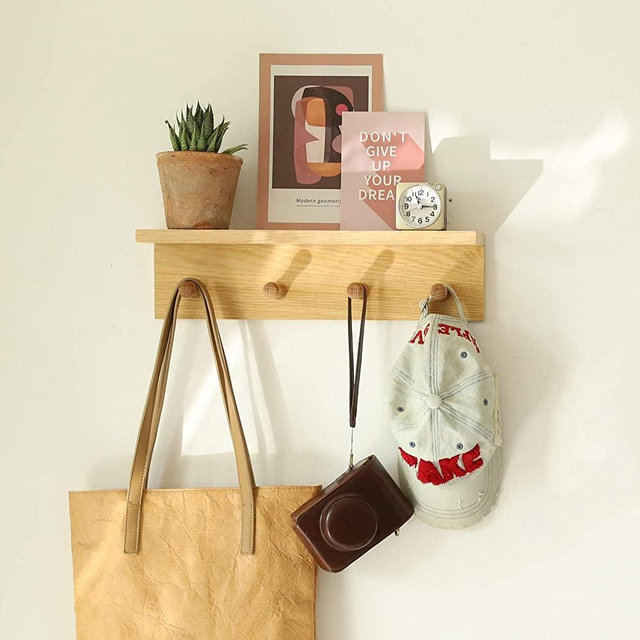 XAOHOME Wall Mount Coat Rack with Shelf, Sturdy Wooden Floating Shelf with Hooks Save Your Indoor Space, New Ingenious Fasteners Make The Wall Coat Hanger Easy to Install(Yellow)