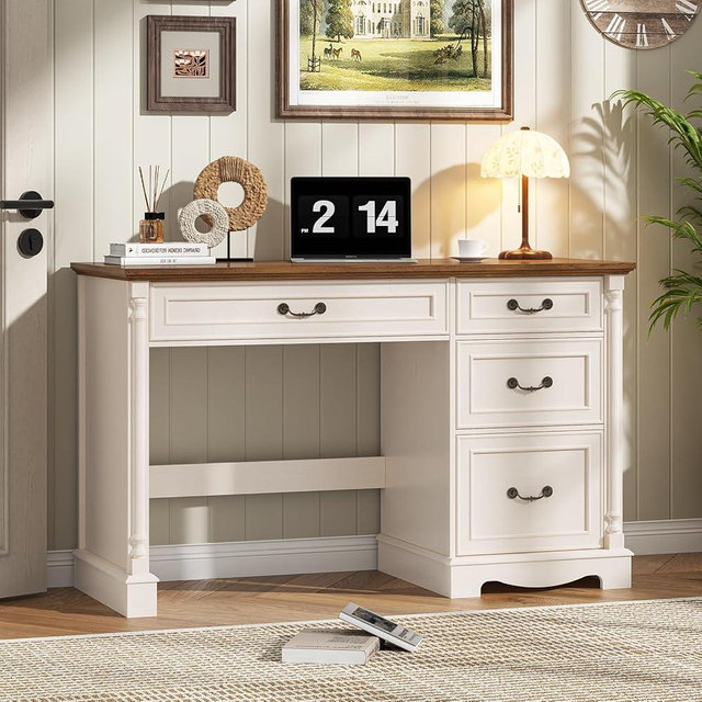 Vabches Farmhouse 47" Executive Desk, Computer Desk with Drawers and File Drawer, Workstation Computer Desk with Roman Column for Home Office,Study, Roman White