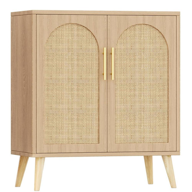 Keehusux 15.7" D Rattan Storage Cabinet with Doors, Boho Bathroom Floor Cabinet with Adjustable Shelf and Solid Wood Legs, Accent Buffet Sideboard for Dining Room, Living Room and Entryway, Natural
